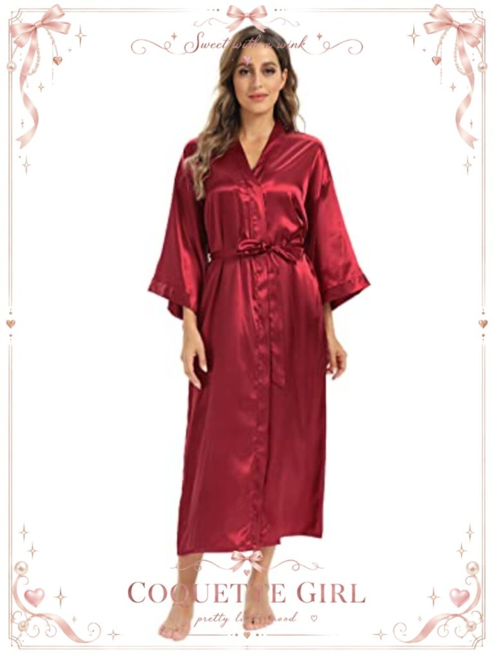 Long Satin Kimono Robe with Pockets - Picture 2 of 5